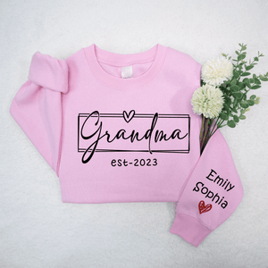 Grandma Est.2024 - Personalized Custom Sleeve Printed Sweater/Crewneck Sweatshirt - Mother's Day, Birthday, Loving, Funny Gift for Grandma/Nana/Mimi, Mom, Wife, Grandparent, Kids Names on Sleeve Sweater | Up to 10 Kids - Suzitee Store