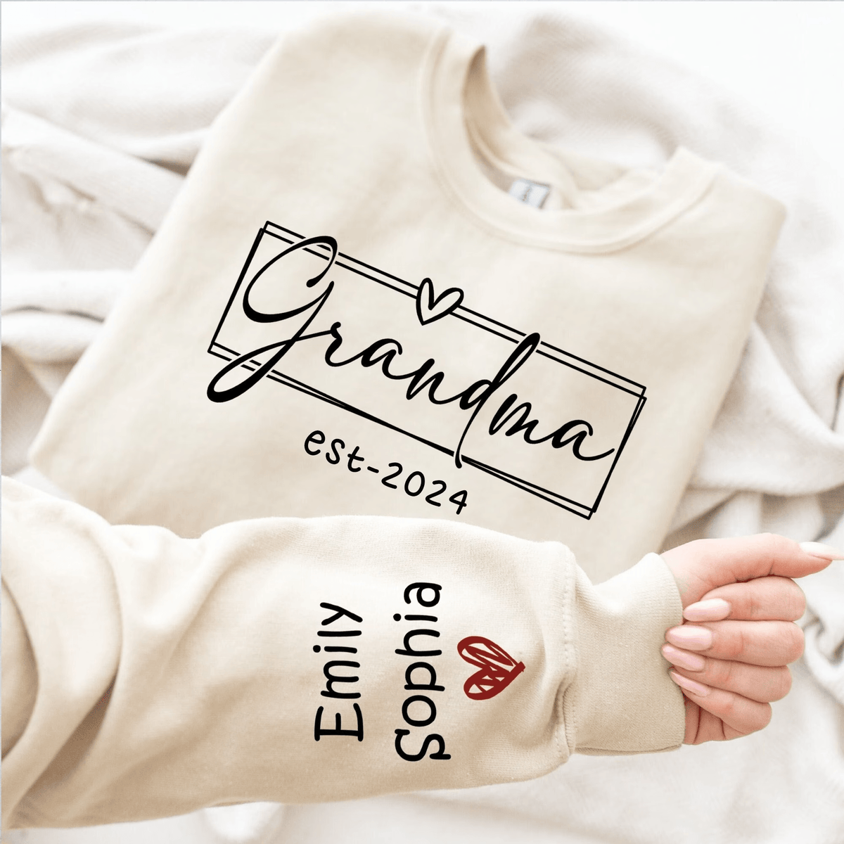 Grandma Est.2024 - Personalized Custom Sleeve Printed Sweater/Crewneck Sweatshirt - Mother&#39;s Day, Birthday, Loving, Funny Gift for Grandma/Nana/Mimi, Mom, Wife, Grandparent, Kids Names on Sleeve Sweater | Up to 5 Kids - Suzitee Store