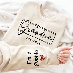 Grandma Est.2024 - Personalized Custom Sleeve Printed Sweater/Crewneck Sweatshirt - Mother's Day, Birthday, Loving, Funny Gift for Grandma/Nana/Mimi, Mom, Wife, Grandparent, Kids Names on Sleeve Sweater | Up to 5 Kids - Suzitee Store