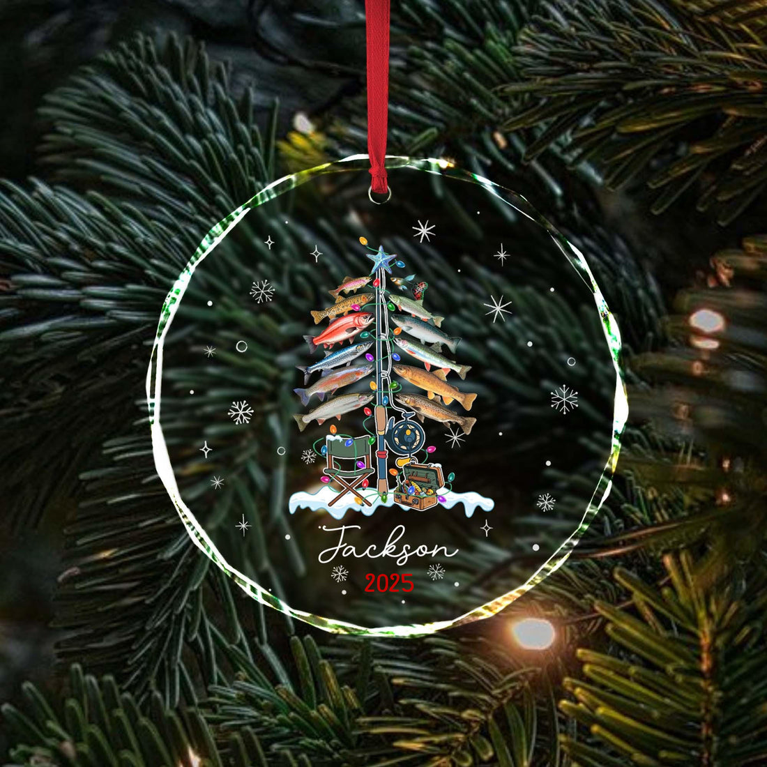 Personalized Xmas Tree Decor Gift For Fishing Lovers circle glass ornament, alternate view 4