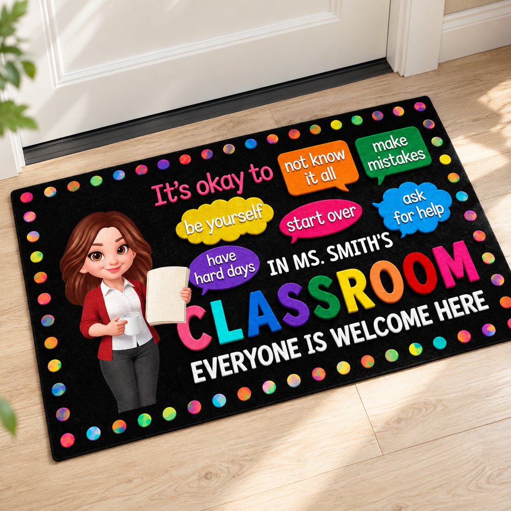 Close up of personalized teacher classroom doormat showing polyester felt texture and vibrant print