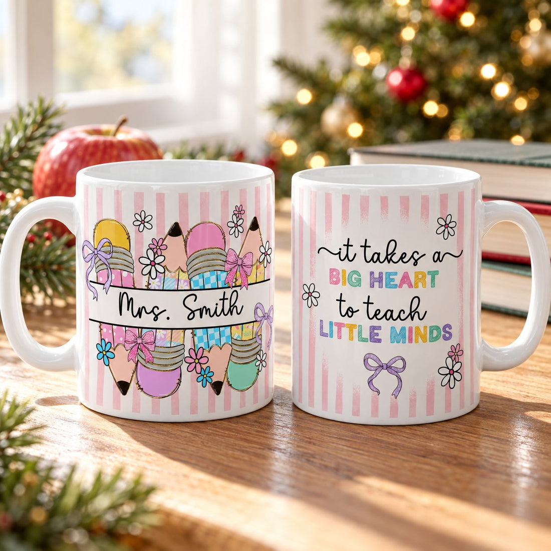 It Takes A Big Heart To Teach Little Minds mug in a bright holiday teacher gift setting
