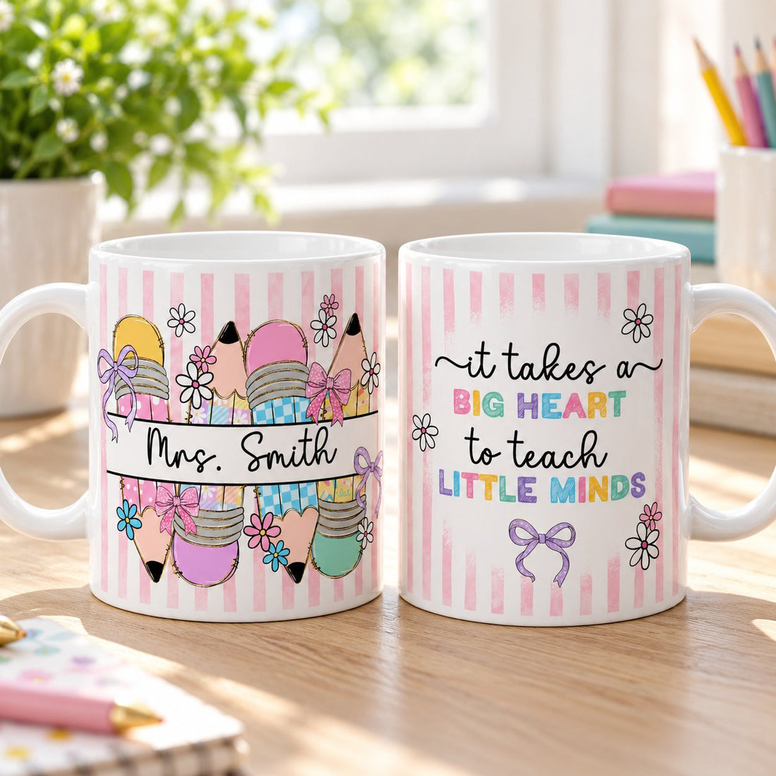 Close-up of glossy ceramic print detail on personalized teacher pencil mug