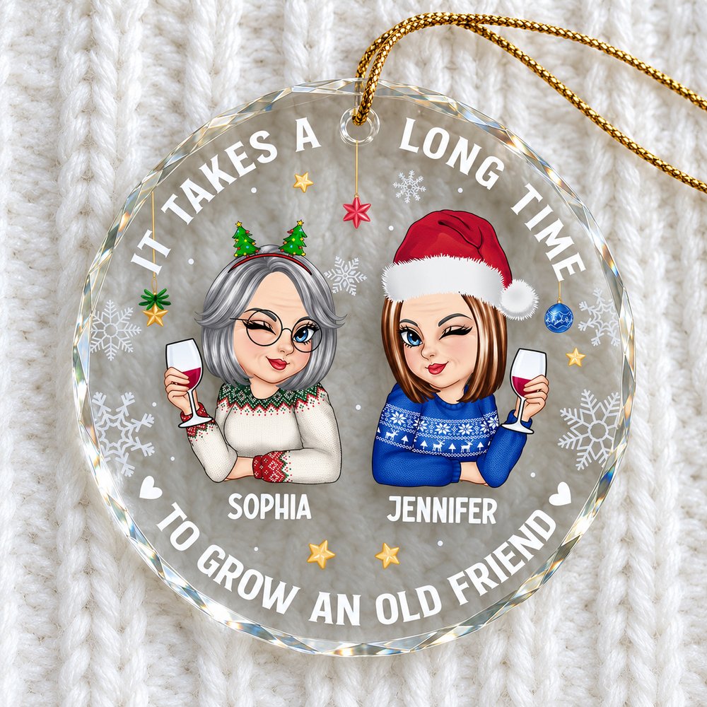 Close up of personalized circle glass ornament for best friends showing beveled edges and vibrant print