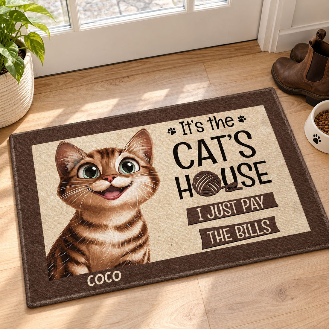 Personalized cat doormat shown next to adult boots for size reference