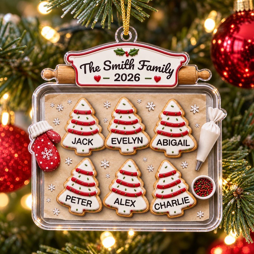 Personalized family cookie tray acrylic ornament hanging on a Christmas tree branch