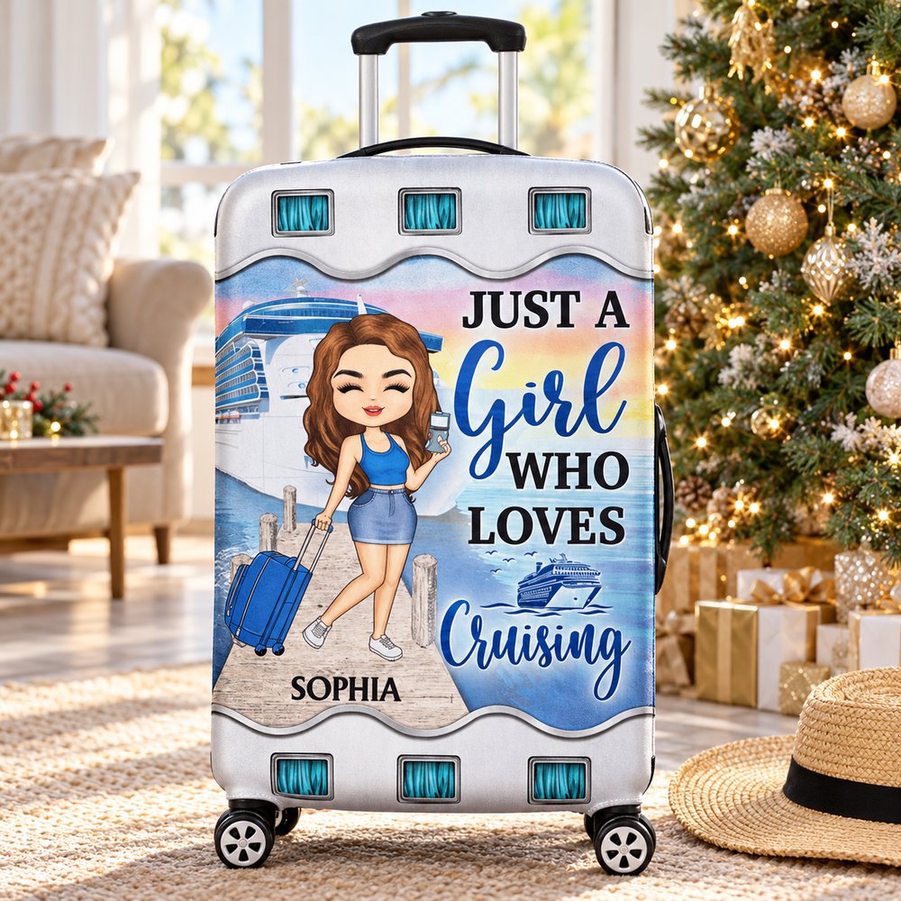 Custom cruise lover suitcase cover next to a Christmas tree as a holiday travel gift
