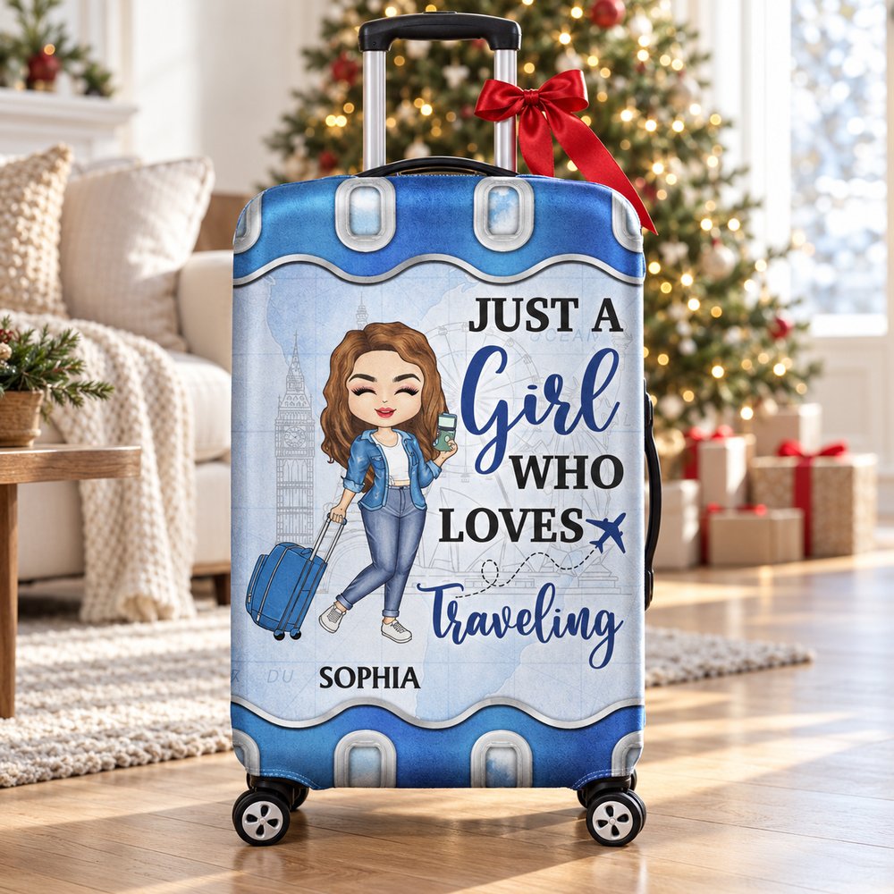 Custom travel luggage cover fitted on a suitcase beside a Christmas tree in a bright holiday living room