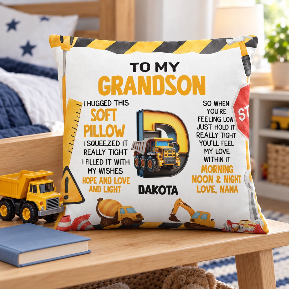 Personalized Grandson construction pillow next to a toy truck showing 18x18 size
