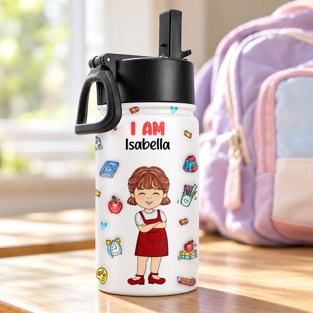 Custom Kind Smart Loved kids water bottle on a wooden desk with backpack