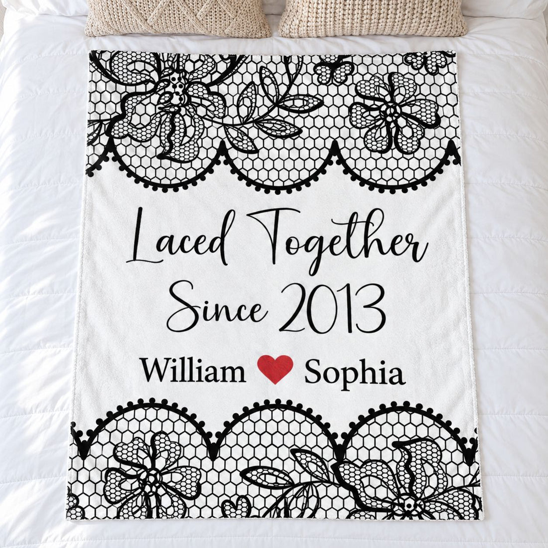 Laced Together Couple personalized blanket spread flat on a cozy white bed