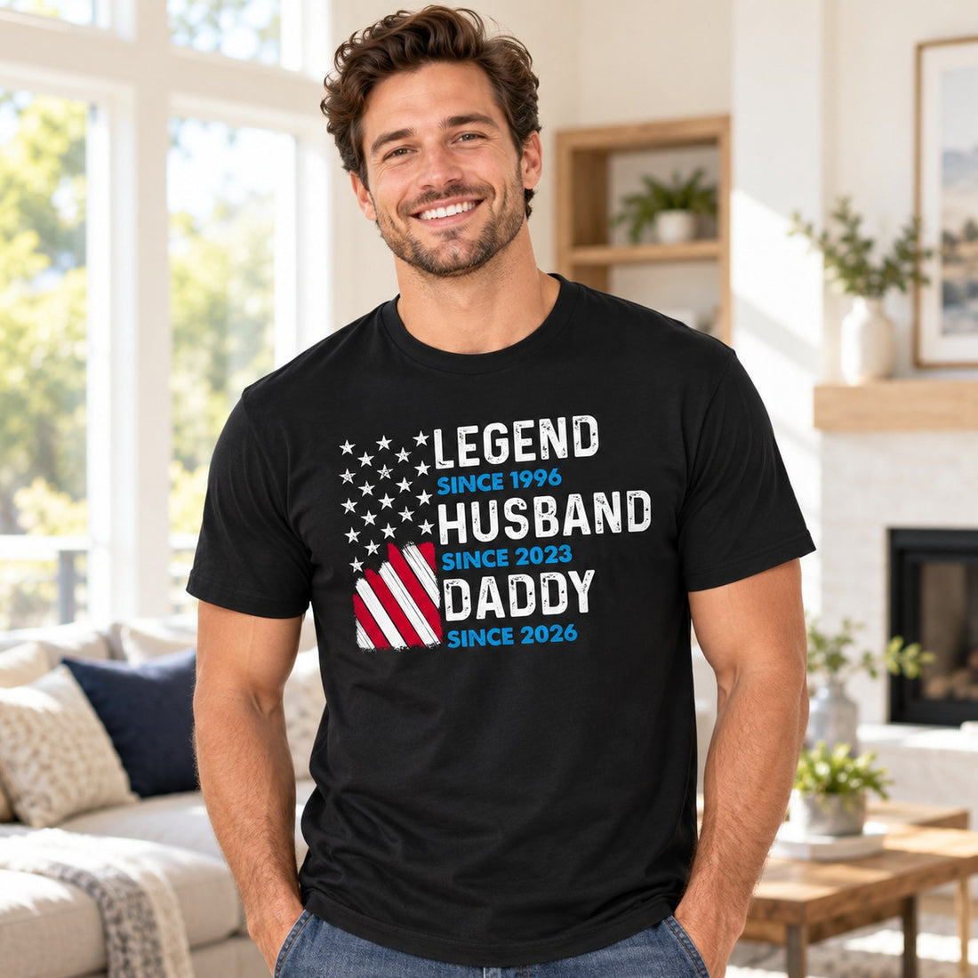 Man wearing personalized Legend Husband Daddy black t-shirt in bright living room