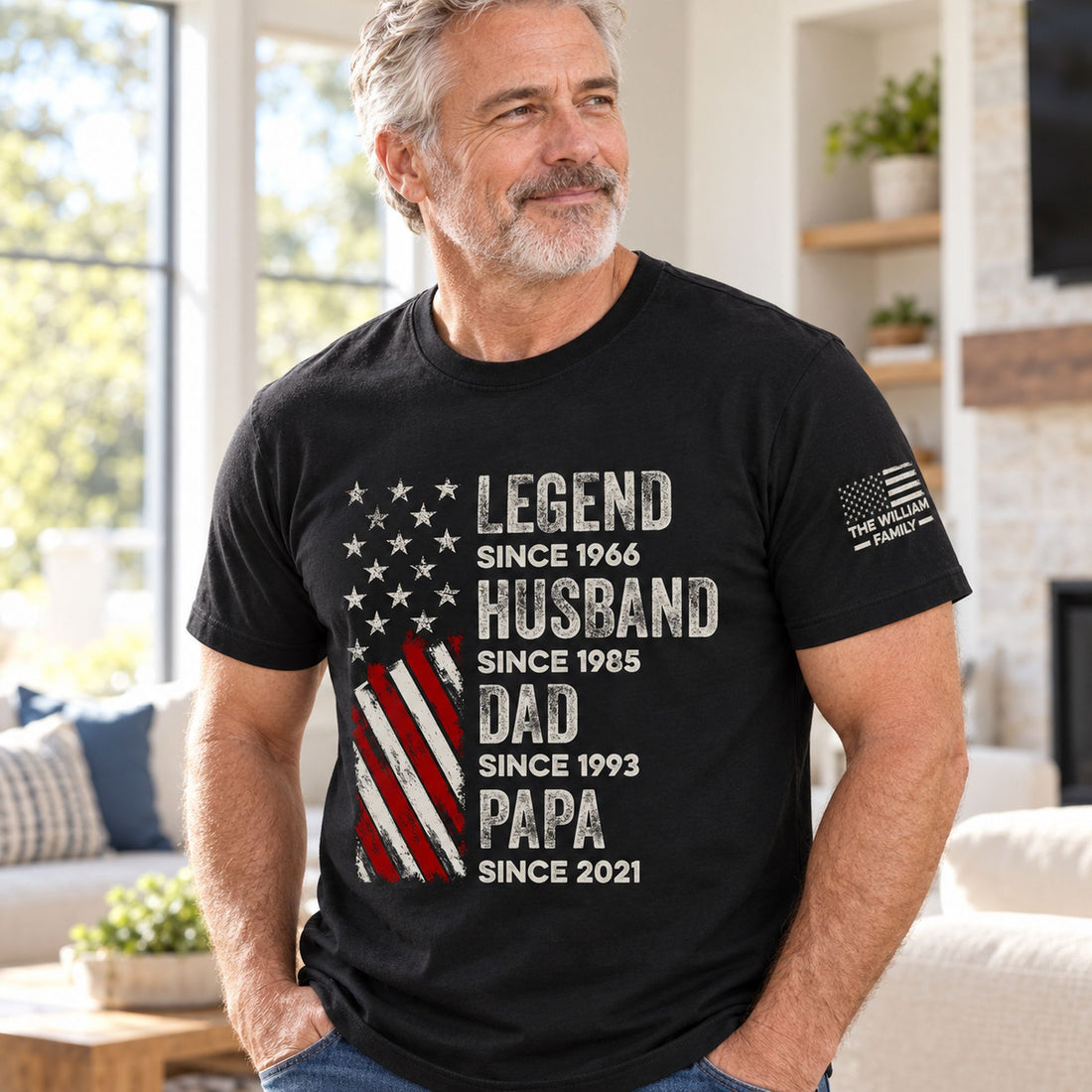 Older man wearing personalized Legend Husband Dad Papa black t-shirt showing chest and sleeve flag prints