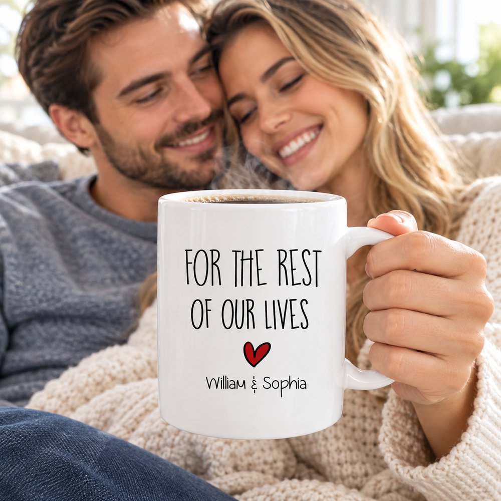 Couple holding personalized Let's Have Coffee Together ceramic mug with hot coffee