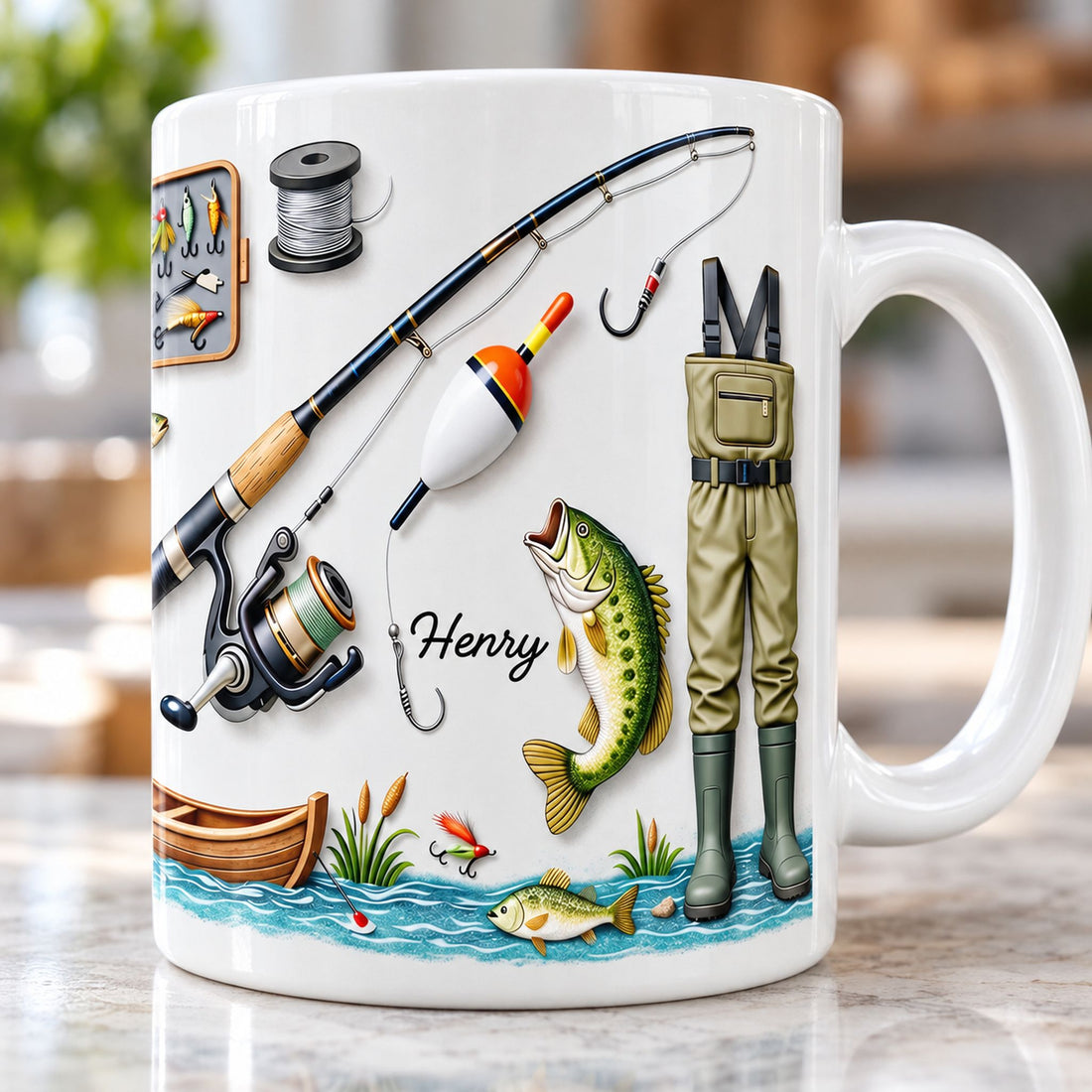 Close-up detail of fishing gear and custom name print on white ceramic mug