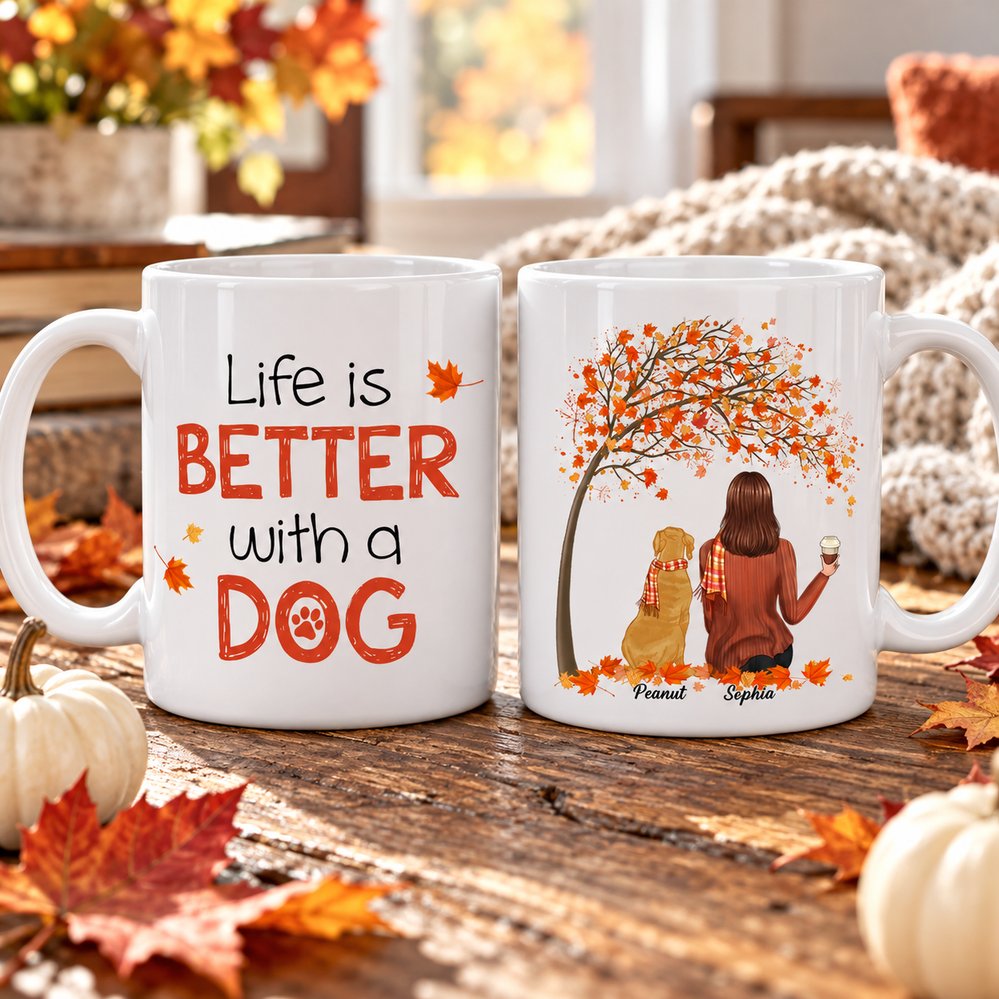 Personalized fall dog lover ceramic mug showing both printed sides on an autumn table with pumpkins