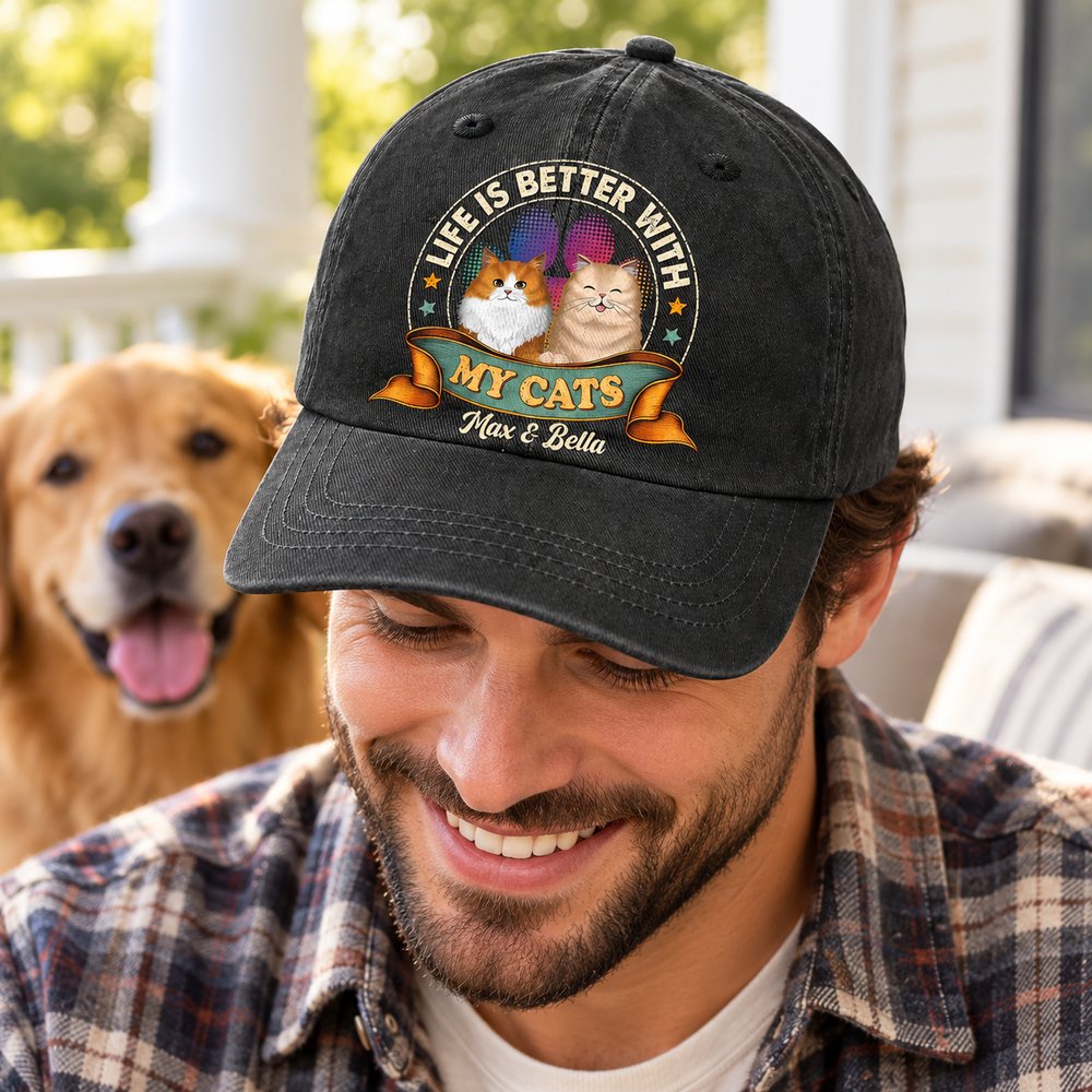 Dog dad wearing personalized Life Is Better With My Pets khaki washed denim cap outdoors