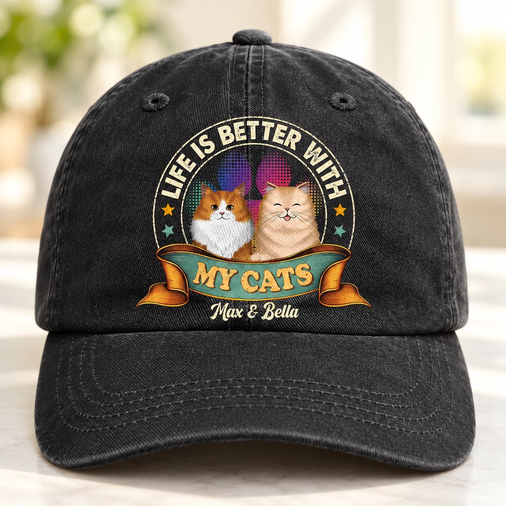 Close-up of print texture and denim weave on personalized cat lover baseball cap