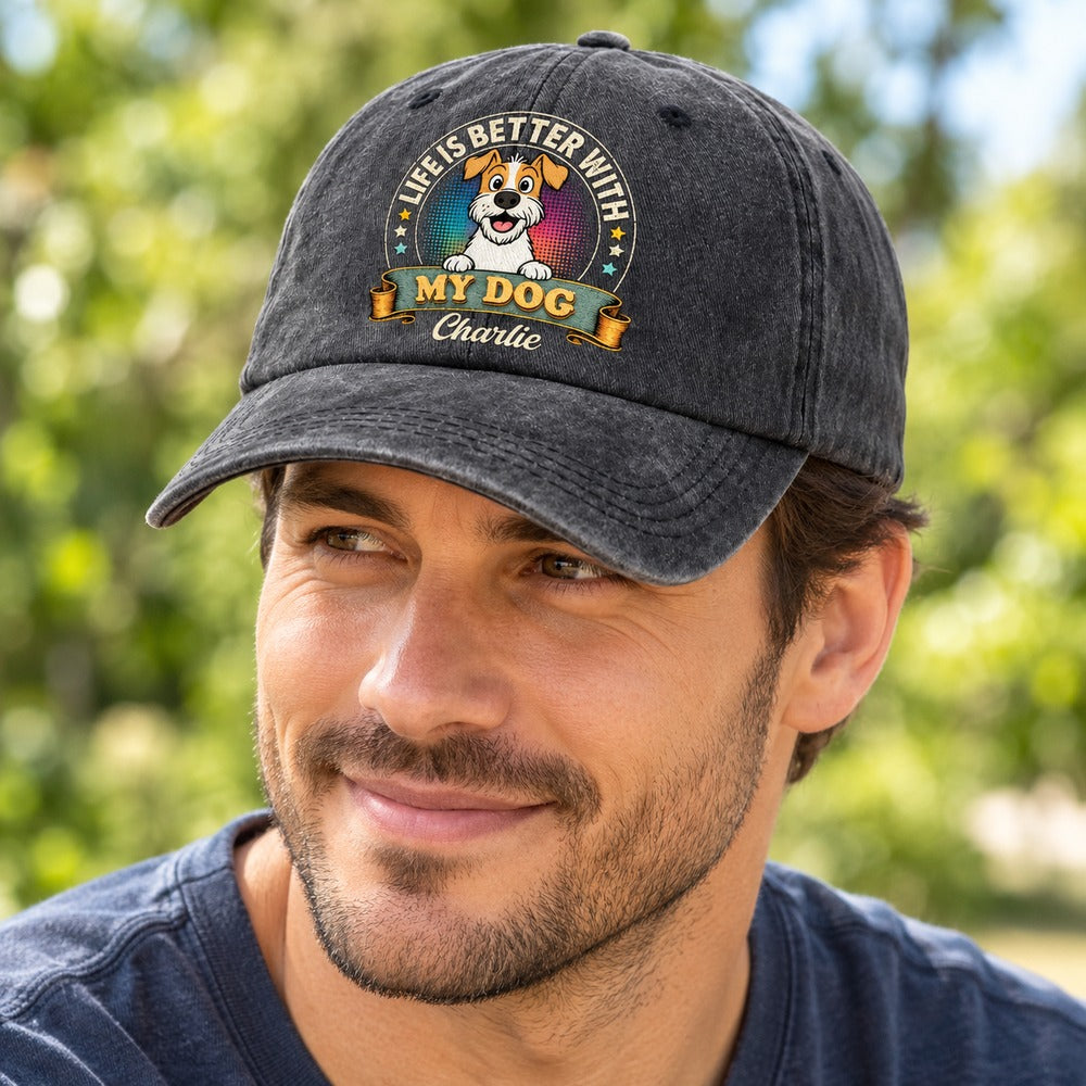 Man wearing personalized Life Is Better With My Dog Charlie black washed denim cap outdoors