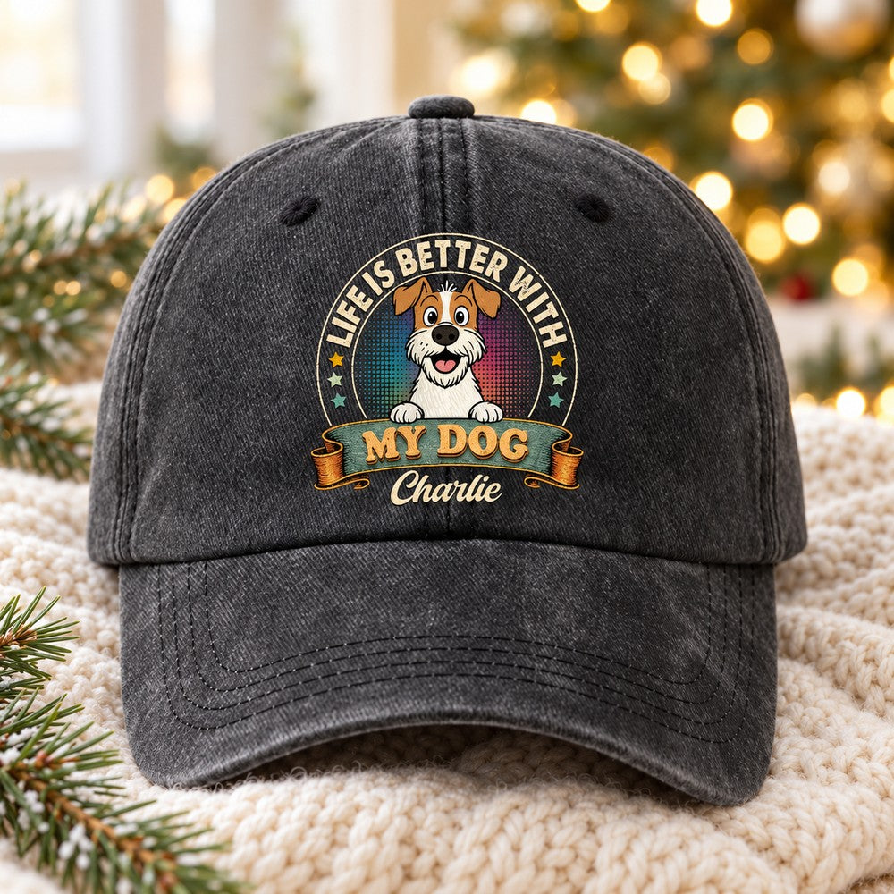 Personalized dog dad washed denim cap with Charlie print in cozy holiday home setting