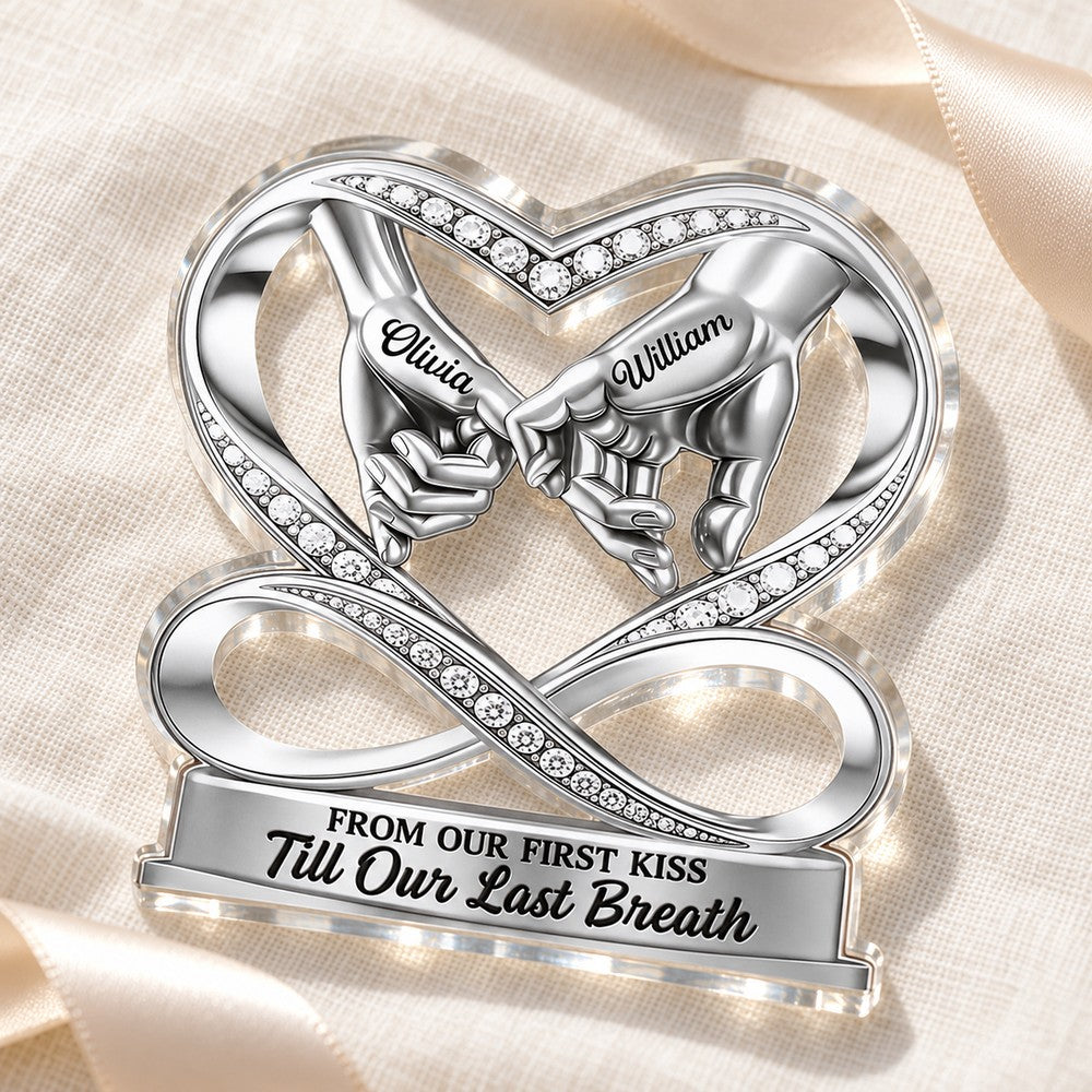Linked by love personalized couple acrylic plaque resting on soft cream linen