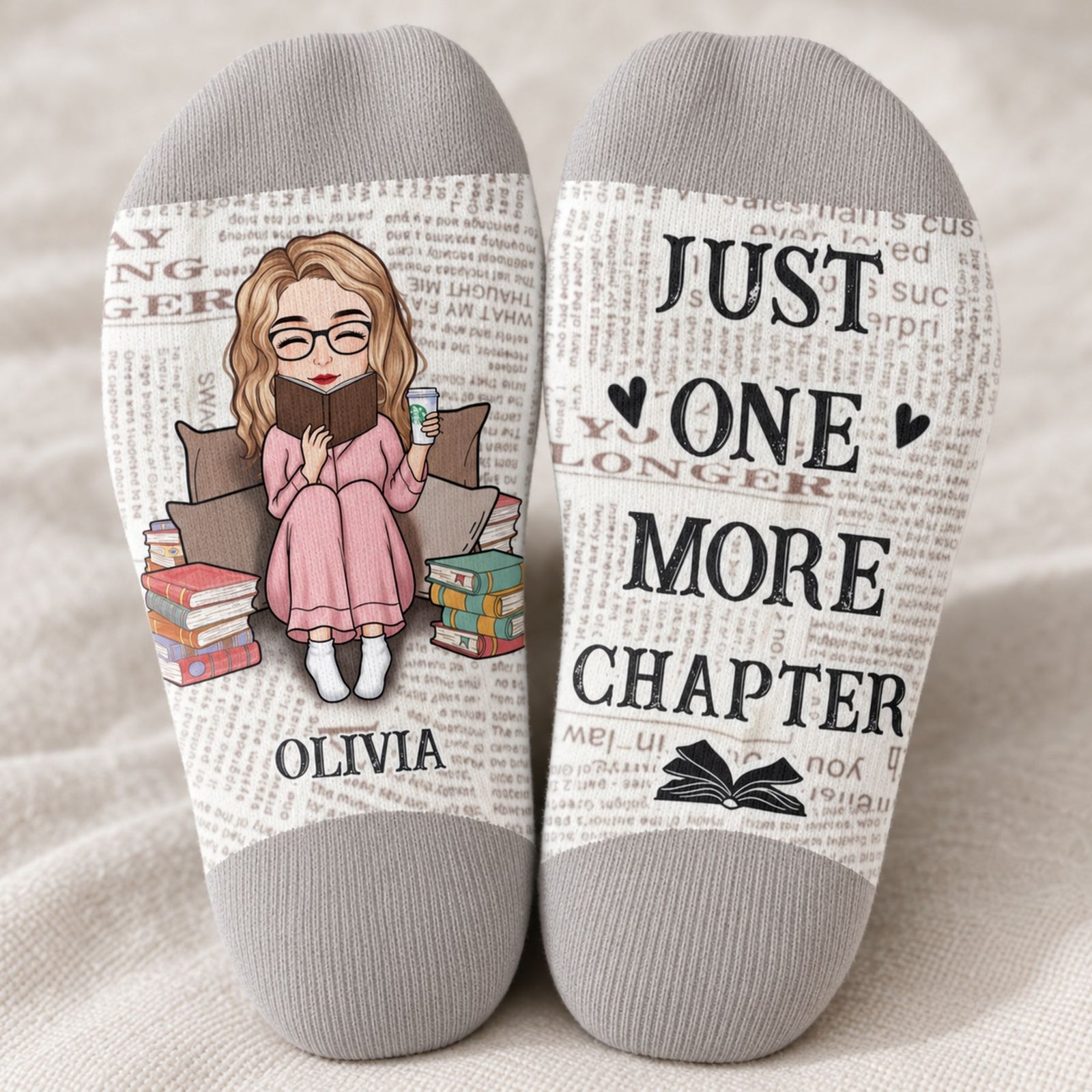 Close-up detail of fabric texture and vibrant print on custom bookworm crew socks