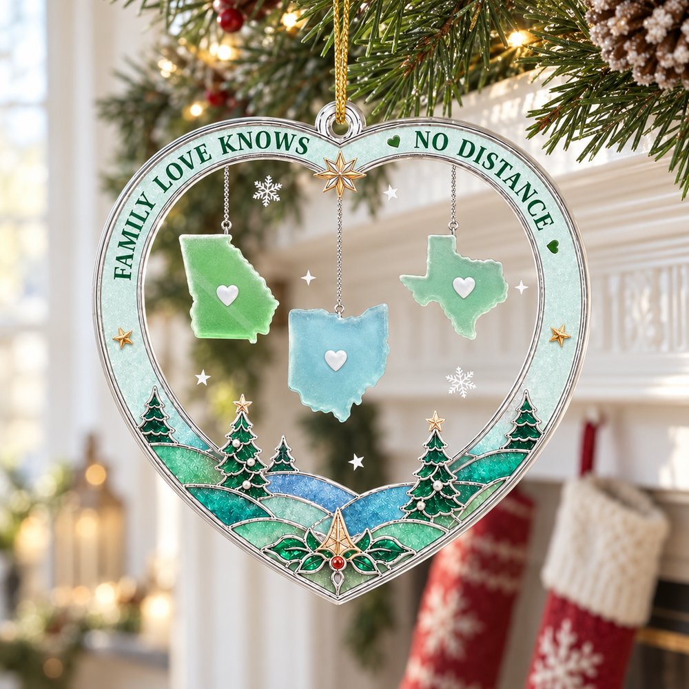 Family Love Knows No Distance acrylic ornament hanging on a Christmas fireplace mantel garland