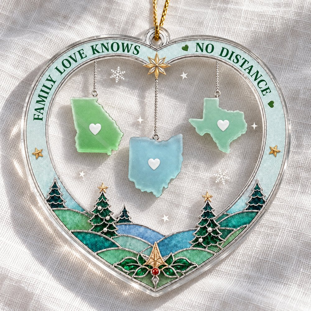 Close-up detail of the custom shaped acrylic ornament print and glossy cut edge