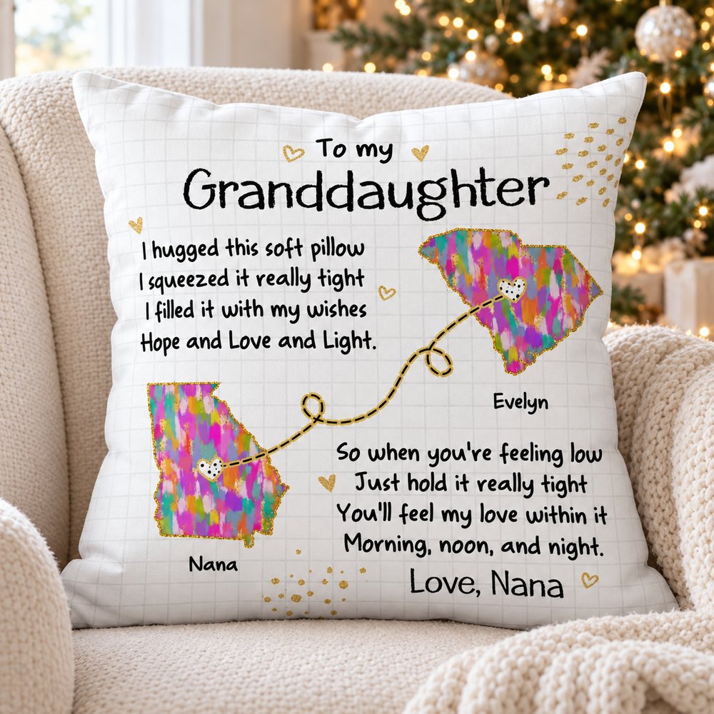 Personalized granddaughter long distance hug pillow on armchair by Christmas tree