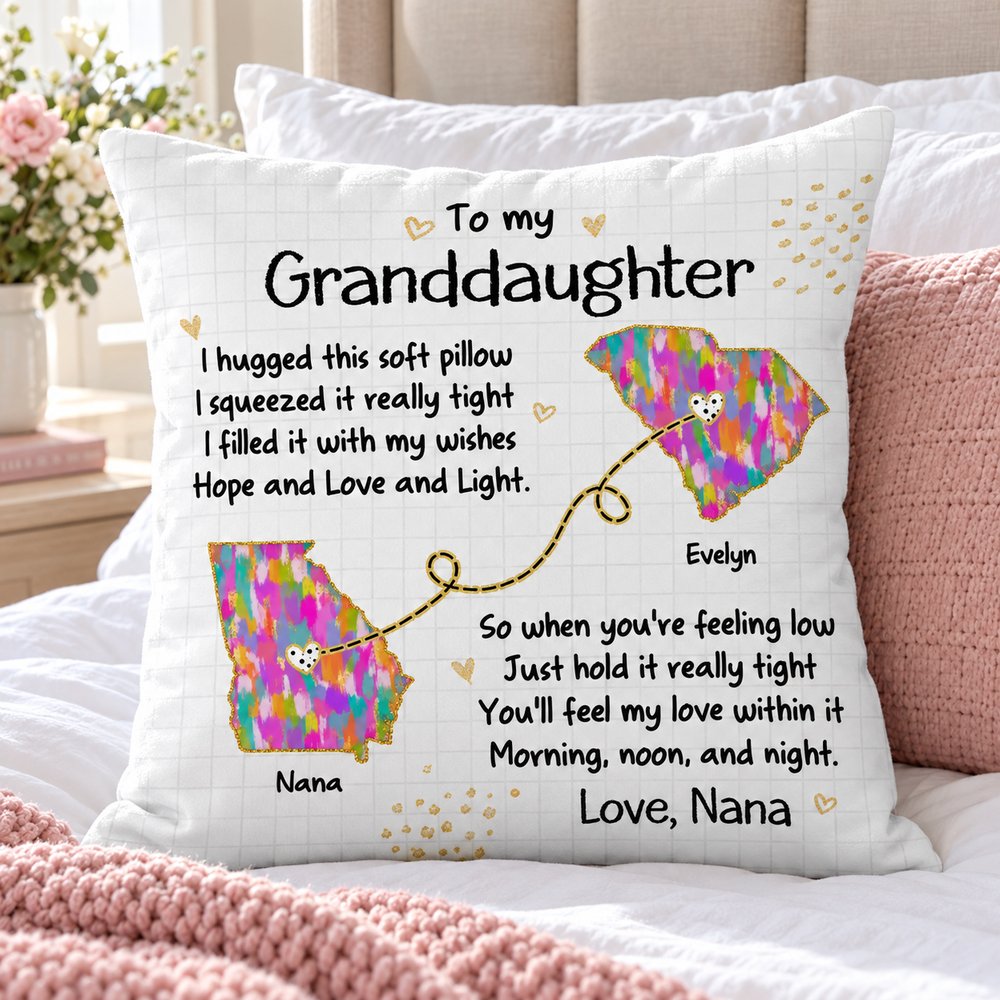 Custom state to state granddaughter pillow displayed on a cozy bed