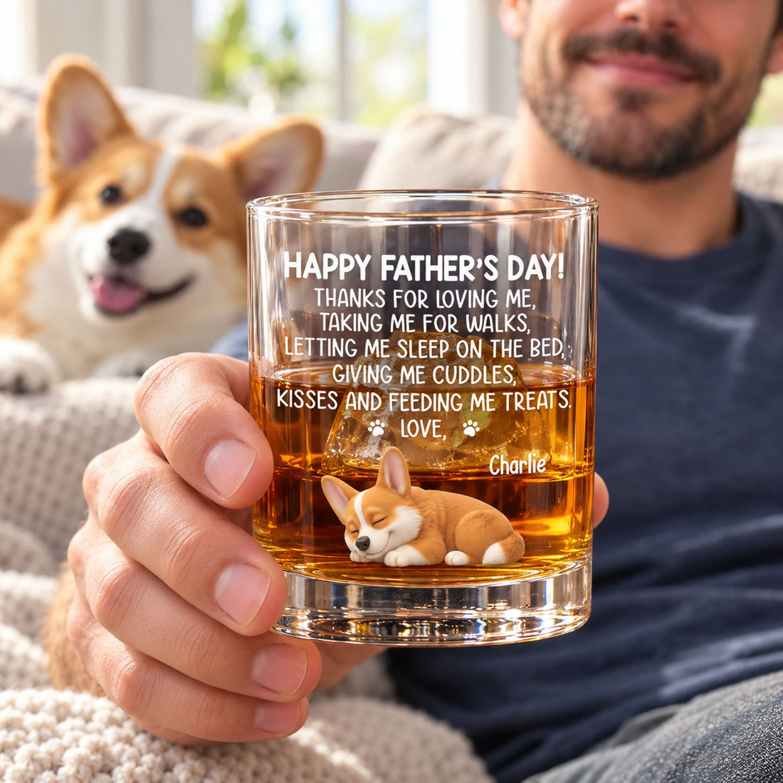 Dog dad holding personalized Father's Day sleeping dog whiskey glass on a bright sofa