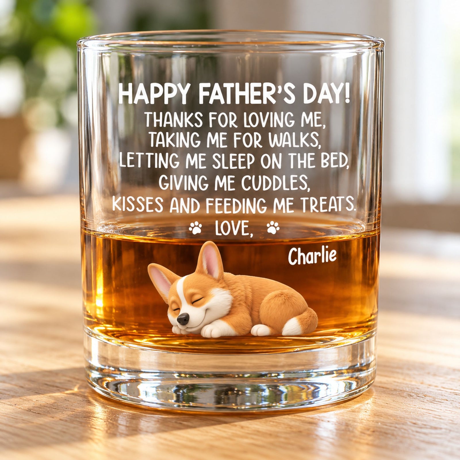 Close-up detail of UV printed sleeping Corgi and custom text on 11oz whiskey glass