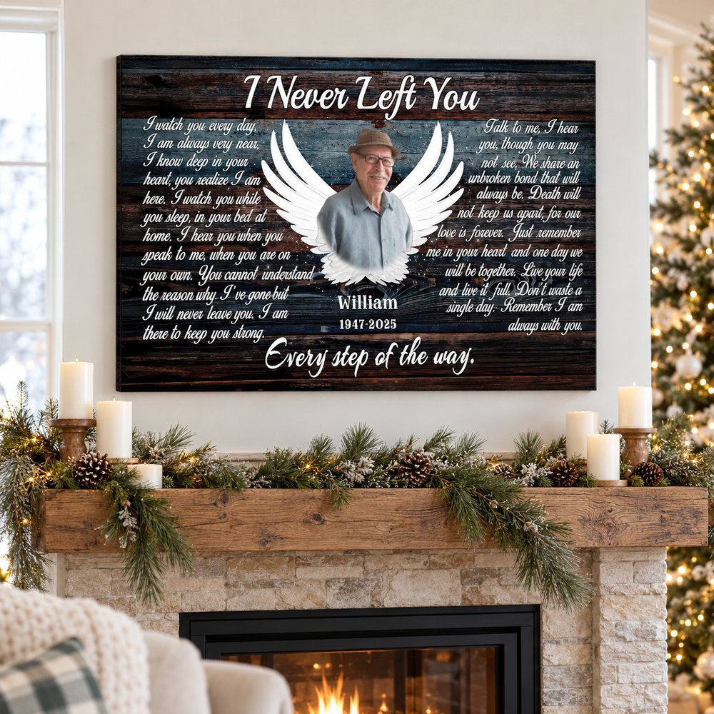 Loss of Dad custom photo angel wings memorial canvas print hanging above a holiday fireplace mantel