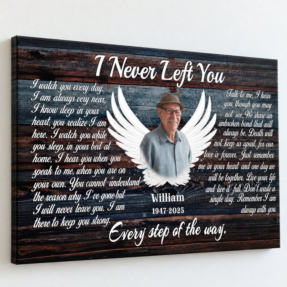 Close up detail of I Never Left You memorial print showing angel wings photo and poem text