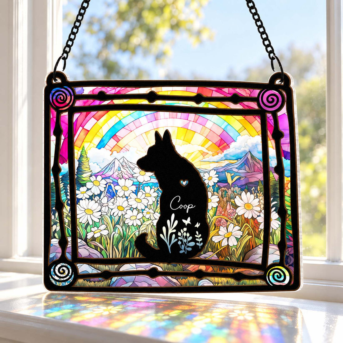 Personalized dog memorial suncatcher ornament hanging in a bright sunlit window with rainbow reflections