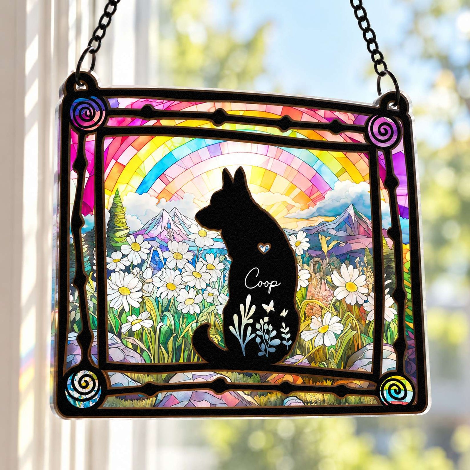 Close-up detail of layered wood and acrylic dog memorial suncatcher showing cutout frame and daisy print