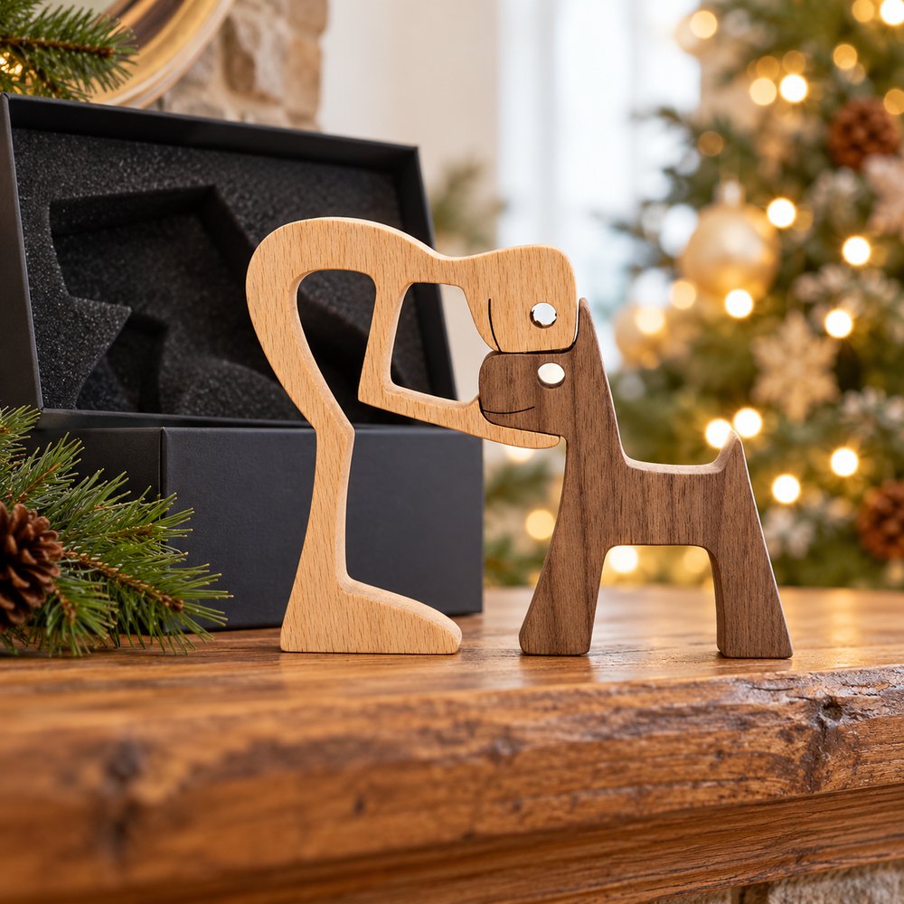 Wood sculpture gift for dog lovers displayed on a holiday mantel with Christmas tree in background