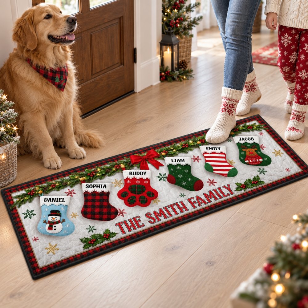 Mom and child in cozy socks stepping on personalized family Christmas runner rug with dog