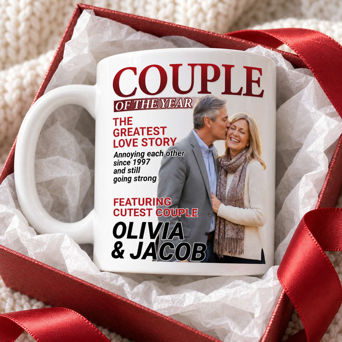 Personalized Couple of the Year mug in a gift box with ribbon and tissue paper