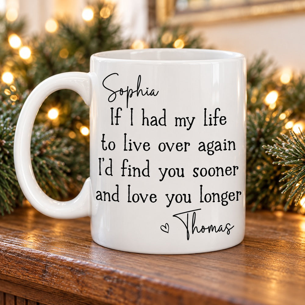 Personalized Love You Longer couple mug with Sophia and Thomas names on a holiday mantel