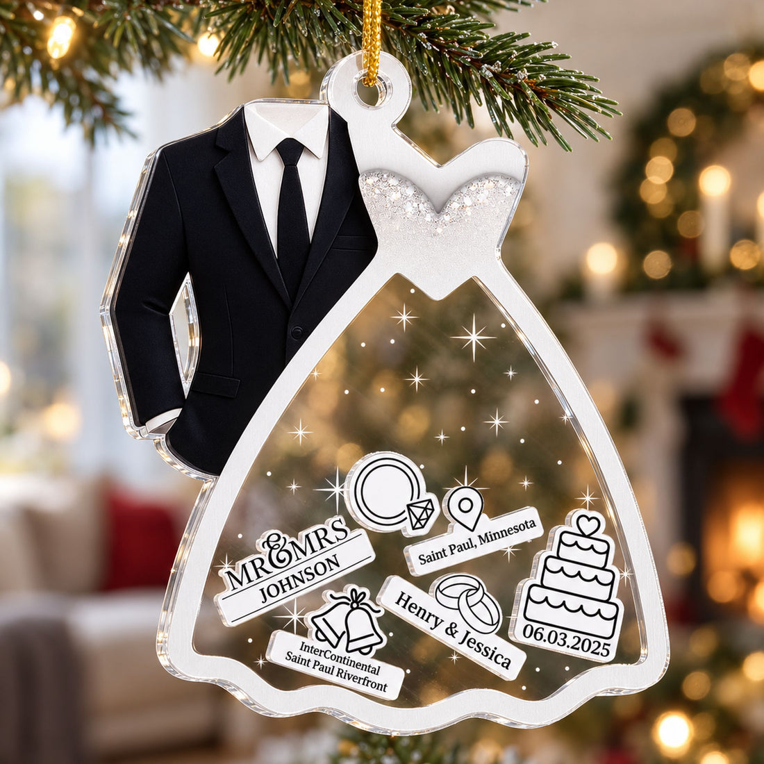 Close-up detail of 3-layer acrylic wedding shaker ornament charms and layered edges