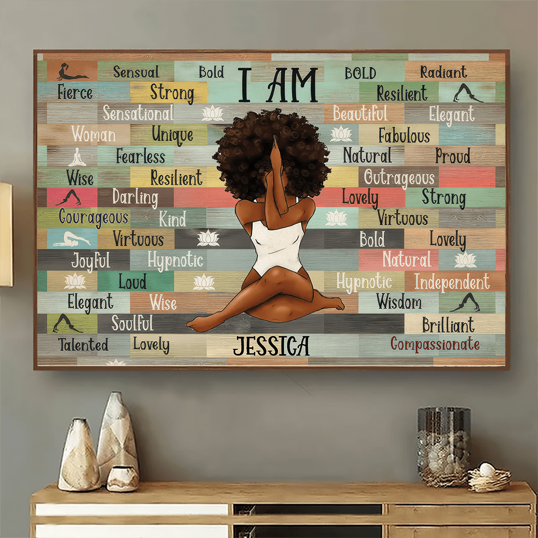 I Am Black Woman Yoga Pose - Personalized Horizontal Poster - Gift for Black Woman, Black Girl, African American, Black History Month, Juneteenth - Suzitee Store