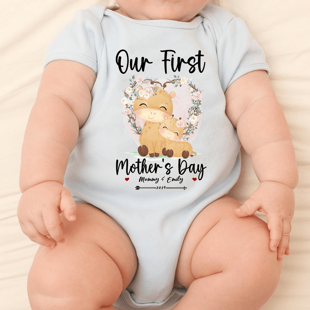 Our First Mother's Day Baby Onesie - Personalized Custom T Shirt - Gift for Mom &amp; Baby, Mother's Day Gift - Suzitee Store
