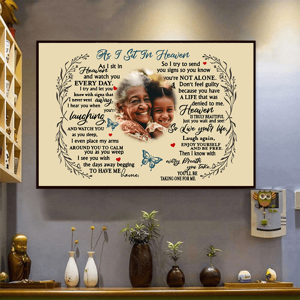 Personalized Custom Photo As I Sit In Heaven canvas print, framed in a bright living room