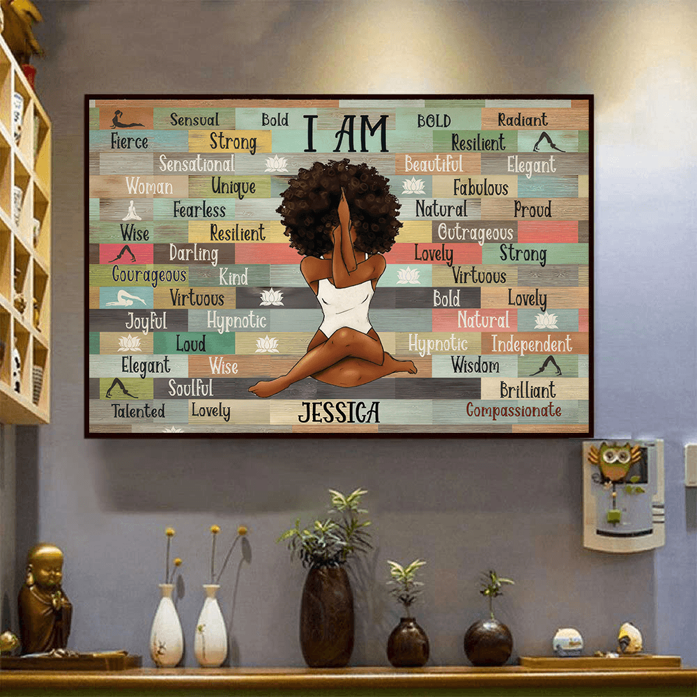 I Am Black Woman Yoga Pose - Personalized Horizontal Poster - Gift for Black Woman, Black Girl, African American, Black History Month, Juneteenth - Suzitee Store