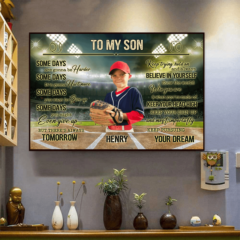 Personalized Believe In Yourself Inspiring Baseball Quotes poster, a woman hanging the framed print on a wall