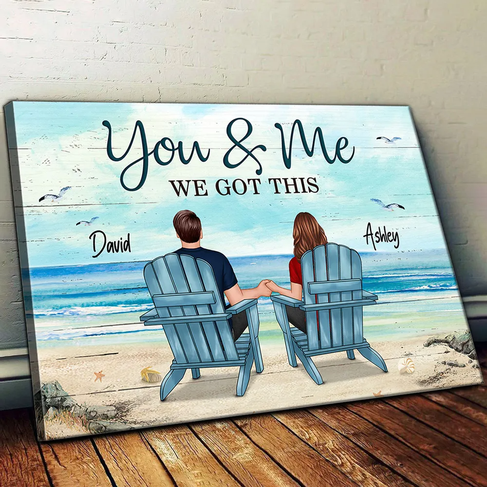 Back View Couple Sitting Beach Landscape - Personalized Poster/Canvas Prints - Gift For Couple