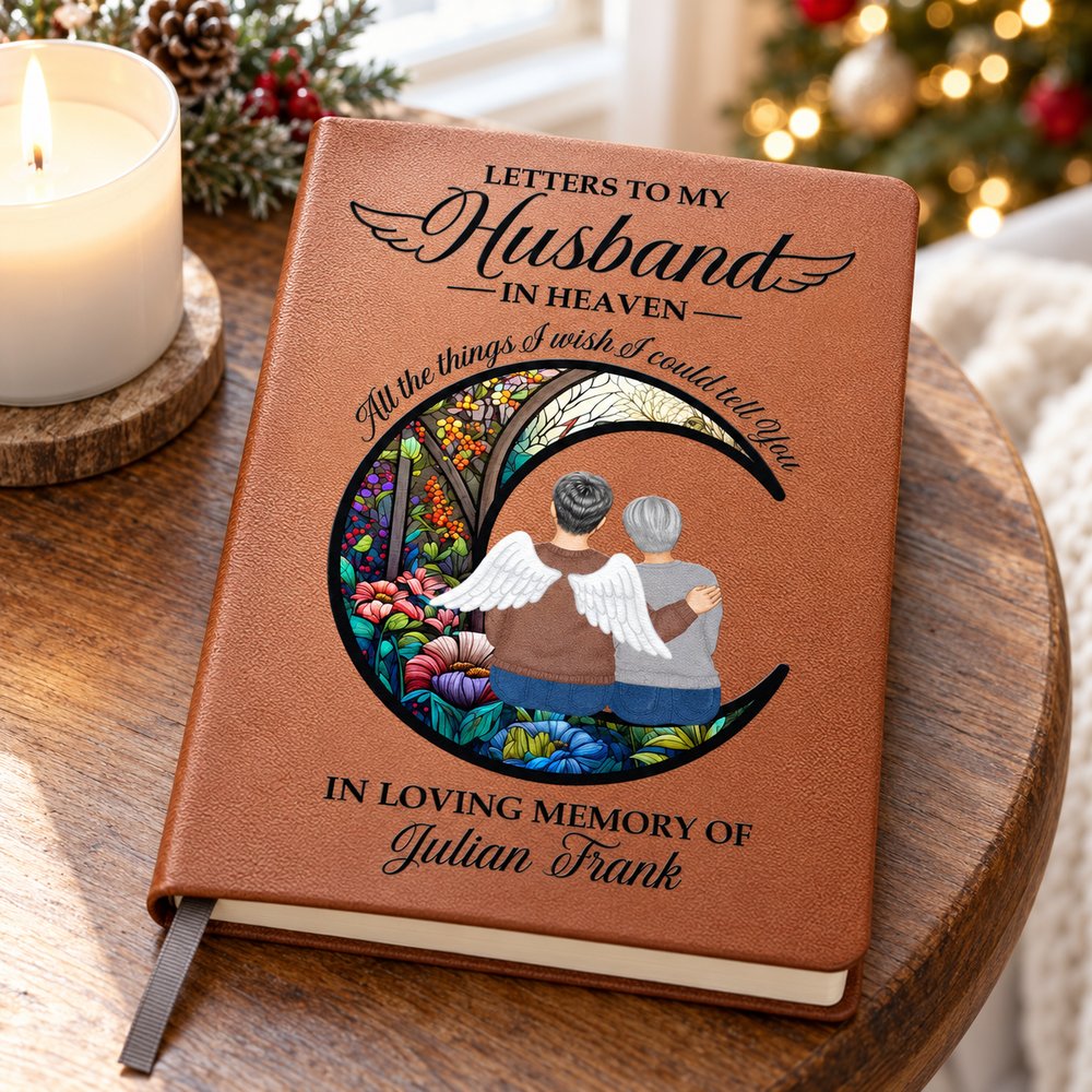 Memorial Letters To Loved One In Heaven leather journal on table by holiday lights