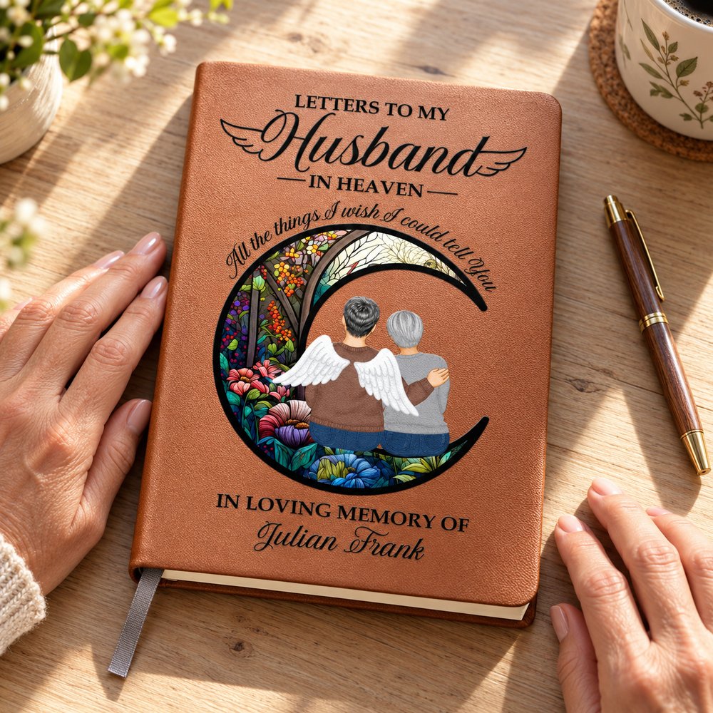 Woman holding pen next to personalized memorial leather journal on desk