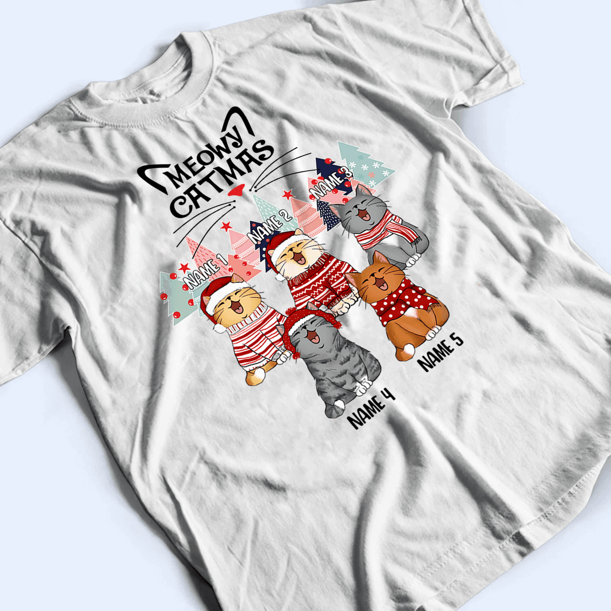 Meowy Catmas - Christmas Cat With Pine Trees - Personalized Cat Christmas T-shirt - Birthday, Loving, Funny Gift for Cat Mom, Cat Dad, Cat Lovers, Pet Gifts for Him, Her - Suzitee Store